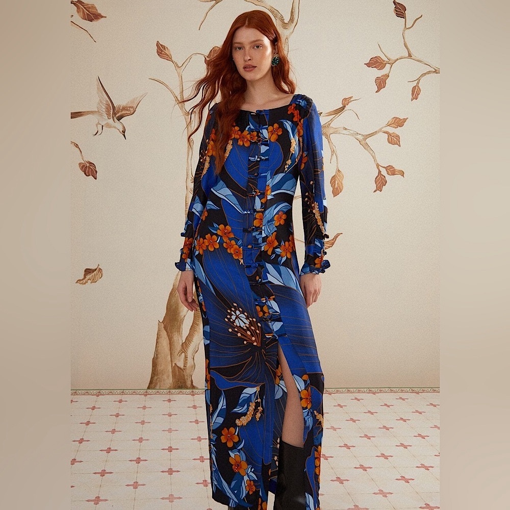 Farm Rio Black Pietra Floral Lenzing Ecovero Viscose Midi Dress
